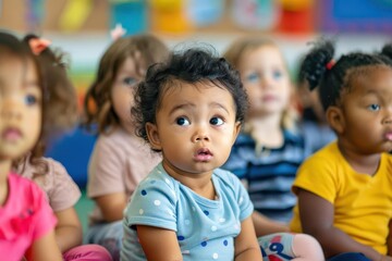 Obraz premium diverse early education multiracial group of wideeyed toddlers seated in colorful classroom gazing attentively at their teacher capturing the wonder of learning