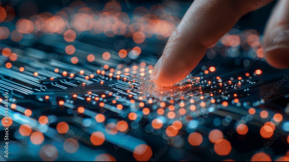 Poster finger touching led circuit board in high-tech setting