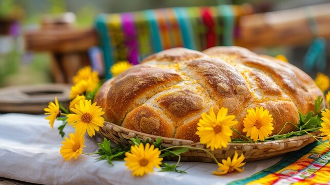 Closeup of a traditional Meskel bread with yellow flowers around it, displayed on a table during the celebration 
