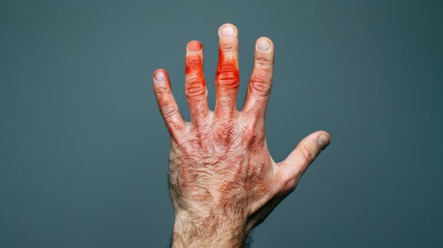 Detailed shot of a second-degree burn on the hand, showing blisters and redness 