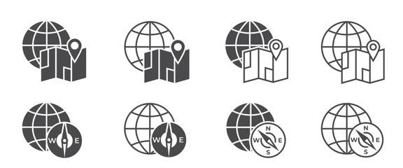 world travel icon set. globe, map and compass. journey symbols. isolated vector images for tourism design