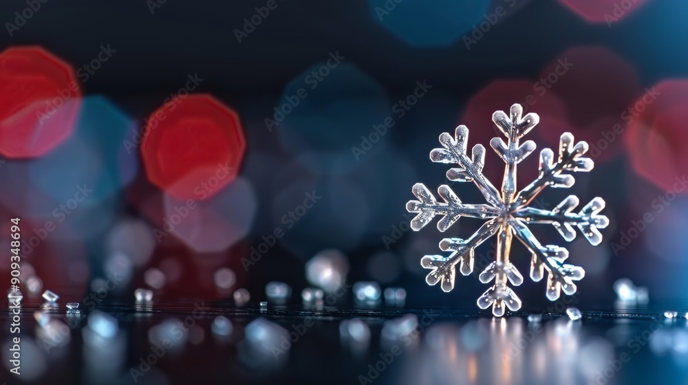 Poster macro shot of a crystalline snowflake with complex, geometric patterns, reflecting light in rainbow 