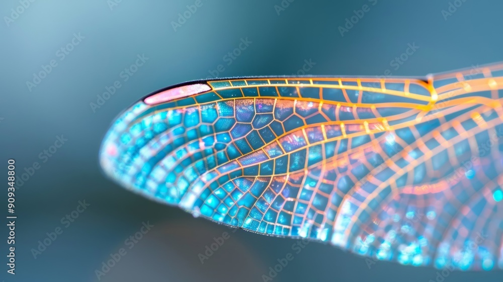 Poster macro shot of a tiny, delicate dragonfly wing with intricate, colorful patterns and a luminescent sh