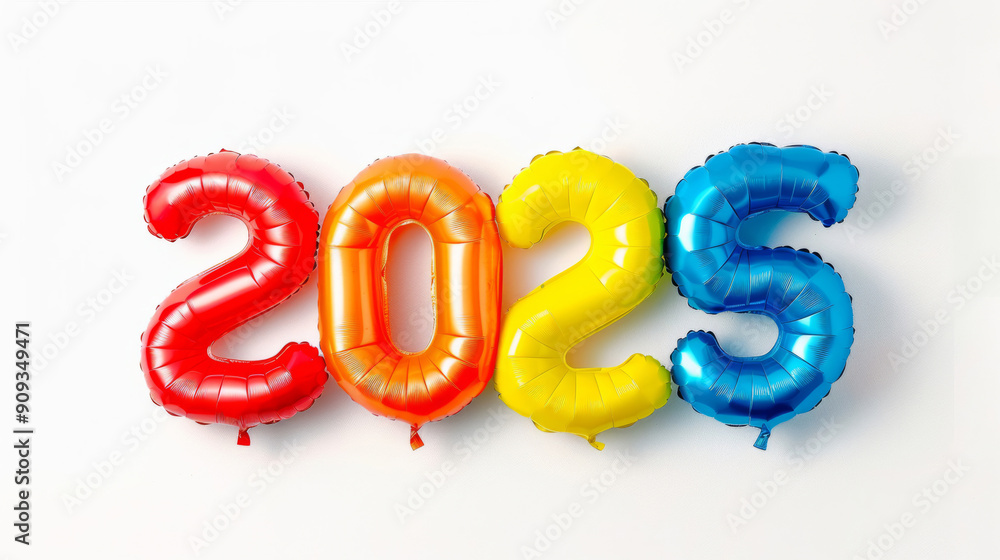 Poster the word 2025 made from colorful balloons isolated on a white background, vibrant and festive design