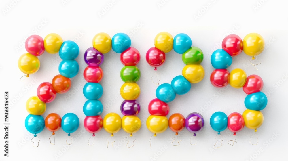 Poster the word 2025 made from colorful balloons isolated on a white background, vibrant and festive design