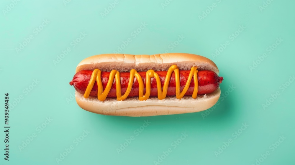 Poster 'top view of a bratwurst with mustard drizzle, isolated on a gradient background from white to light