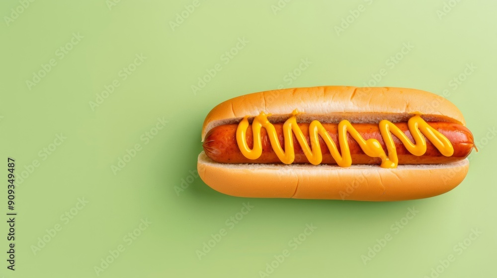 Poster 'top view of a bratwurst with mustard drizzle, isolated on a gradient background from white to light