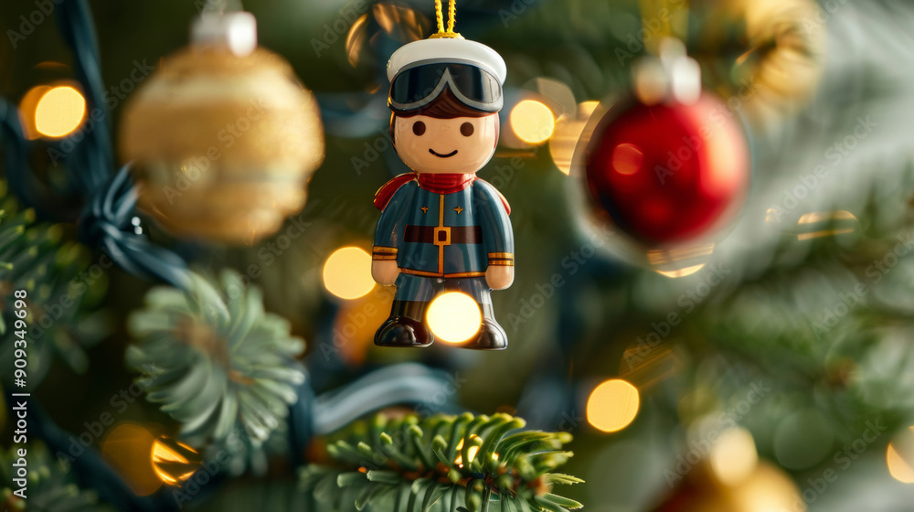 Poster Wide angle of a Christmas tree decorated with retro ornaments of pilots with aviator goggles and tiny planes 