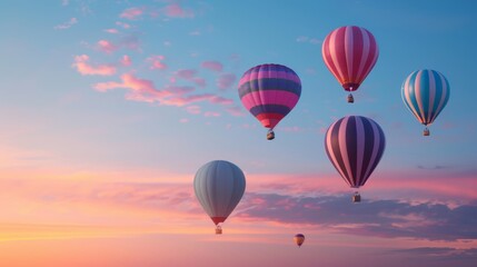 Fototapeta premium Vivid hues of hot air balloons punctuate the dawn sky at the Albuquerque International Balloon Fiesta creating a breathtaking spectacle against a gradient background 