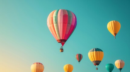 Obraz premium Vivid hues of hot air balloons punctuate the dawn sky at the Albuquerque International Balloon Fiesta creating a breathtaking spectacle against a gradient background 
