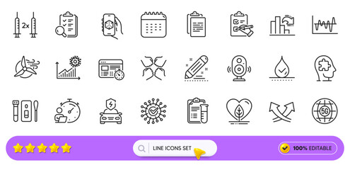 Checklist, Decreasing graph and Inspect line icons for web app. Pack of 3d app, Coronavirus statistics, Local grown pictogram icons. Waterproof, Medical analyzes, Calendar signs. Search bar. Vector