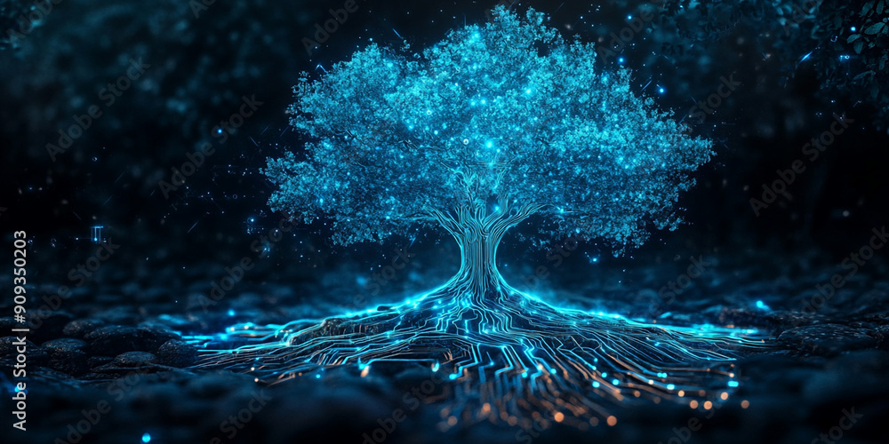 Poster a blue tree of life made out of digital data, with roots extending to the bottom right corner of an 