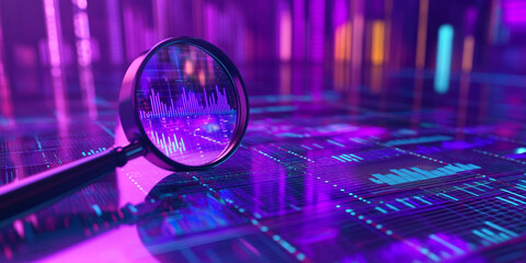 A purple magnifying glass floating over an abstract digital background with code and charts, symbolizing data analysis in virtual business research