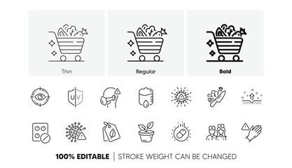 Bio tags, Coronavirus and Covid virus line icons. Pack of Vegetables cart, Medical mask, Leaves icon. Drop counter, Eye target, Clean skin pictogram. Uv protection, Use gloves, Vegetable. Vector