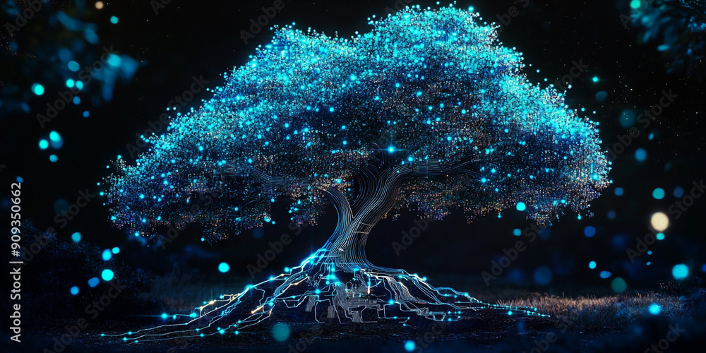Poster an ancient tree, with branches and roots made up entirely from glowing blue data points, set against