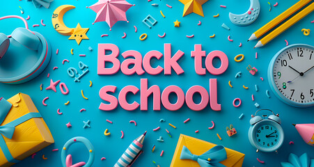 A vibrant arrangement of back to school supplies and decorations, including pencils, clocks, and gifts, set against a blue background