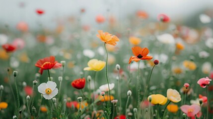 Fototapeta premium Colorful Wildflowers Blooming in a Meadow at Sunset