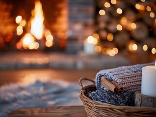 Obraz premium Cozy Living Room With Knit Blankets and Flickering Fireplace in Winter Evening