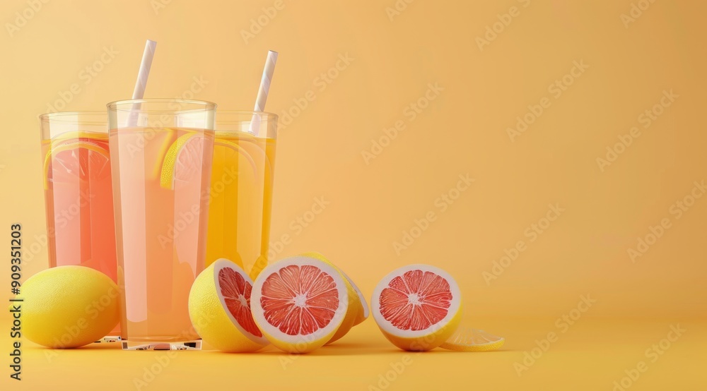 Poster refreshing homemade lemonade and raspberry drinks on yellow background