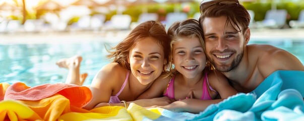 Smiling family holding colorful towels at sunny beach with clear blue sky