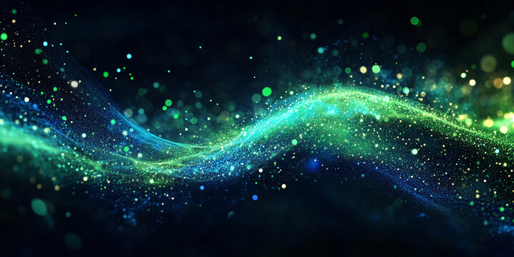 Background with glowing light blue and green lines, particles of data flowing in the air	