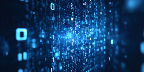 Blue binary code background with glowing lights and data flowing, technology concept