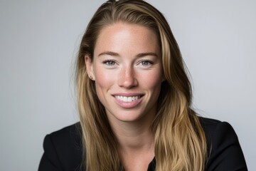 Naklejka premium Smiling Professional Woman with Long Blond Hair in Business Attire Against Light Background