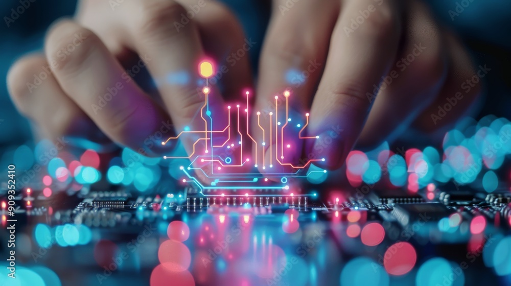Poster finger touching led circuit board in high-tech setting