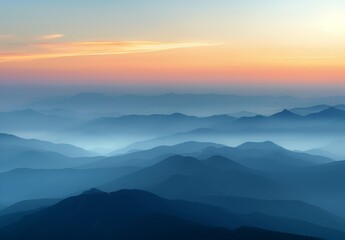 Fototapeta premium Serene Mountain Range at Dawn With Soft Mist and Gentle Hues