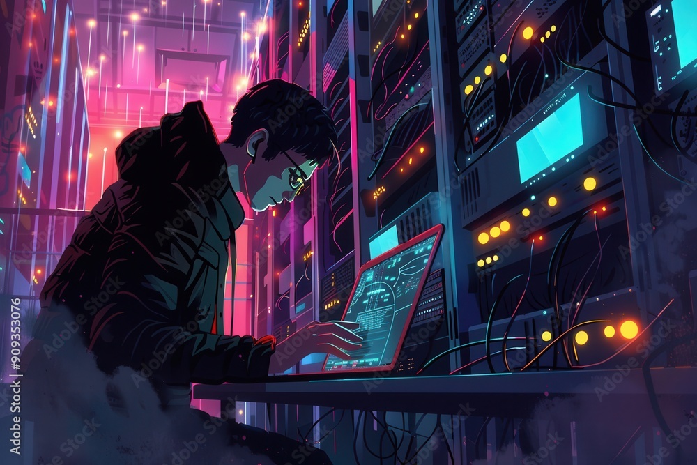 Aufkleber a hacker focuses intently on a laptop amidst servers, illuminated by colorful lights in a dimly lit 