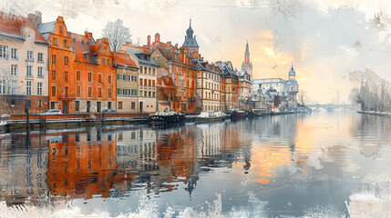 A city skyline with a river running through it.