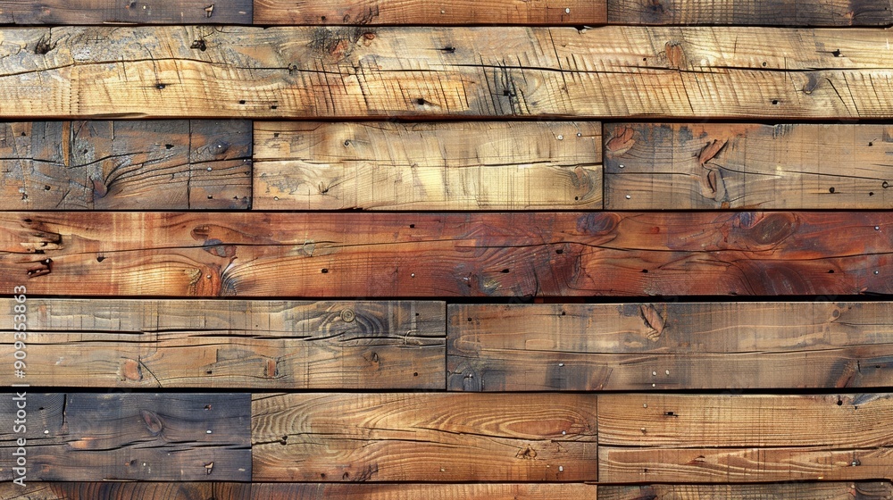Poster rustic wooden planks with varied tones displaying natural patterns and textures in warm light