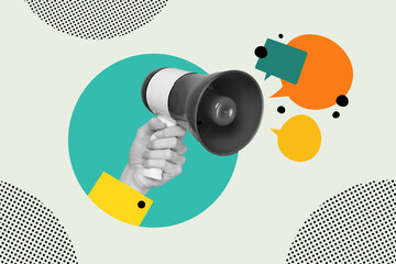 Composite collage image of hand hold megaphone speech bubble talking announce message shopping...