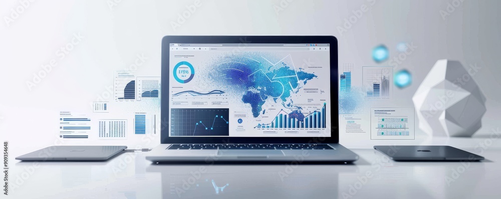 Poster high-tech laptop displaying data analytics and graphs in modern digital workspace