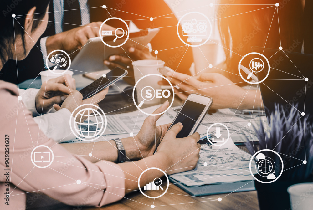 Aufkleber seo - search engine optimization for online marketing concept. modern interface showing symbol of ke