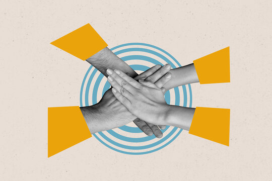 Creative image collage human hands collaboration unity support each other friendship together teamwork teambuilding put arm