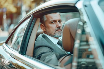 transport, business and people concept - businessman drinking takeaway coffee on back seat of taxi car. Beautiful simple AI generated image in 4K, unique.