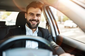 Obraz premium transport, business and communication concept - smiling male passenger or businessman using smartphone on back seat of taxi car. Beautiful simple AI generated image in 4K, unique.