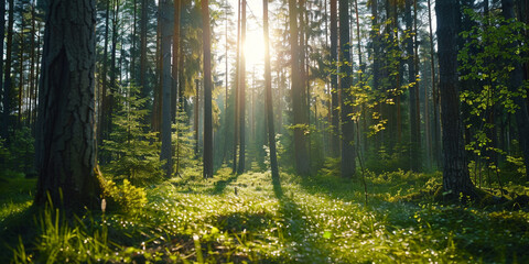 Obraz premium A serene forest scene with tall trees and sunlight filtering through the leaves, creating an atmosphere of tranquility and nature's beauty