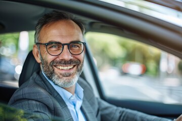 transport, business and communication concept - smiling male passenger or businessman using smartphone on back seat of taxi car. Beautiful simple AI generated image in 4K, unique.
