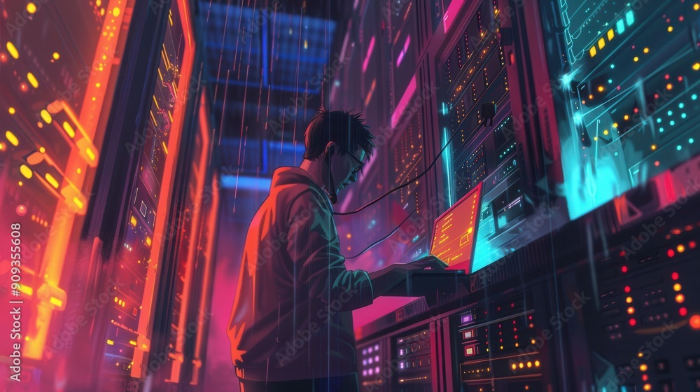 Poster a hacker works intently at a laptop surrounded by brightly lit server racks filled with cables and d