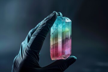 Crystalline Ore Tourmaline is a mineral mined in mines. Rare gem ore in hand.