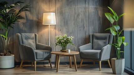 Wooden table with flowers between armchairs in grey flat interior with lamps and plants