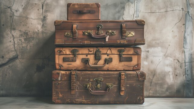 Vintage classic outdated trunks luggage with tags old antique leather suitcases tower front concrete wall background. travel baggage concept. retro style filtered photo.