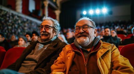 Obraz premium an elderly gay couple in a crowded movie theater, their happy expressions highlighted