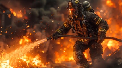 Fototapeta premium Firefighter Battling Intense Flames While Wearing Protective Gear at a Nighttime Fire Incident