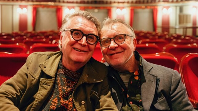 an elderly gay couple in a crowded movie theater, their happy expressions highlighted