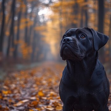 Cane Corso sniffing around a forest trail during an autumn walk, leaves crunching under its paws