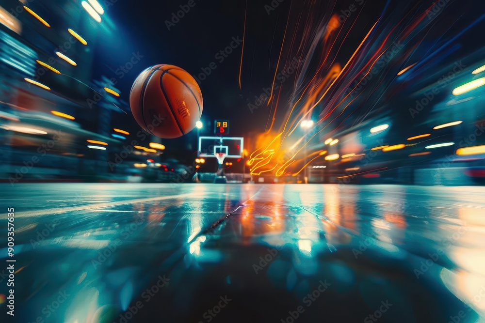 Wall mural dynamic night shot of illuminated basketball court ball frozen midair motion blur dramatic lighting urban sports atmosphere