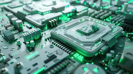 Detailed Close-Up of Modern Circuit Board With Green Lighting Displaying Advanced Technology
